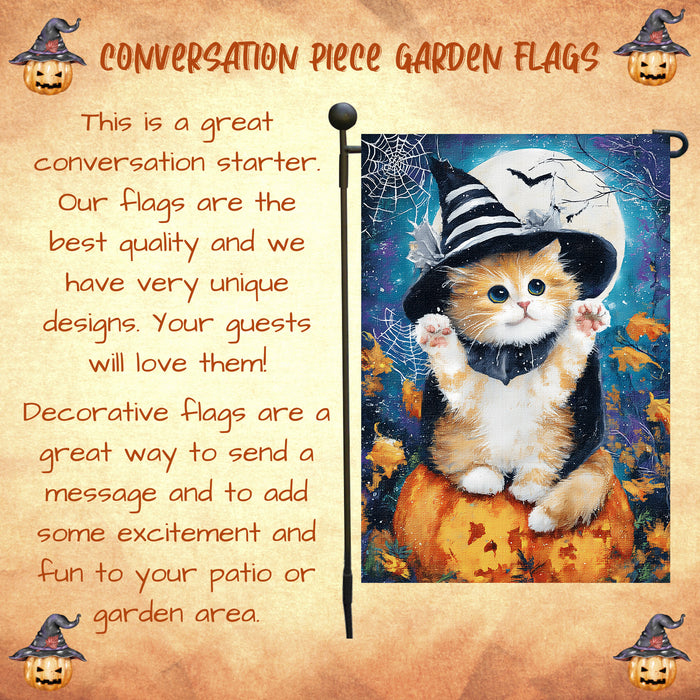 Persian Kitten Witch Hat Pumpkin Garden Flag for Halloween Lawn Welcome Flag Farmhouse Holiday Yard Outdoor Full Moon Autumn Cat Lovers Decoration Single or Double Sided 12.5 x 18
