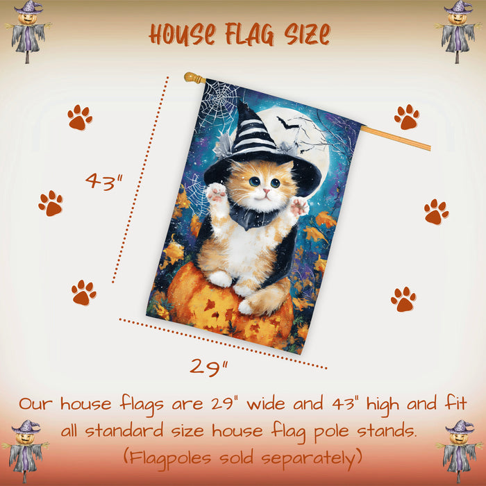 Persian Kitten Halloween House Flag with Witch Hat and Pumpkin Fall Harvest Full Moon Night Farmhouse Porch Outdoor Decoration for Cat Lovers Double Sided 28 x 40