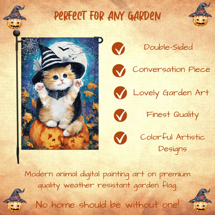 Persian Kitten Witch Hat Pumpkin Garden Flag for Halloween Lawn Welcome Flag Farmhouse Holiday Yard Outdoor Full Moon Autumn Cat Lovers Decoration Single or Double Sided 12.5 x 18