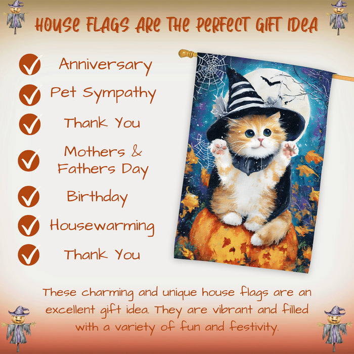 Persian Kitten Halloween House Flag with Witch Hat and Pumpkin Fall Harvest Full Moon Night Farmhouse Porch Outdoor Decoration for Cat Lovers Double Sided 28 x 40
