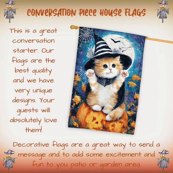 Persian Kitten Halloween House Flag with Witch Hat and Pumpkin Fall Harvest Full Moon Night Farmhouse Porch Outdoor Decoration for Cat Lovers Double Sided 28 x 40