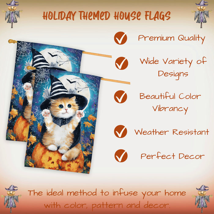 Persian Kitten Halloween House Flag with Witch Hat and Pumpkin Fall Harvest Full Moon Night Farmhouse Porch Outdoor Decoration for Cat Lovers Double Sided 28 x 40