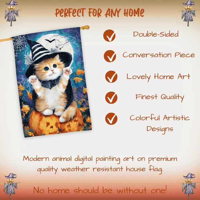 Persian Kitten Halloween House Flag with Witch Hat and Pumpkin Fall Harvest Full Moon Night Farmhouse Porch Outdoor Decoration for Cat Lovers Double Sided 28 x 40