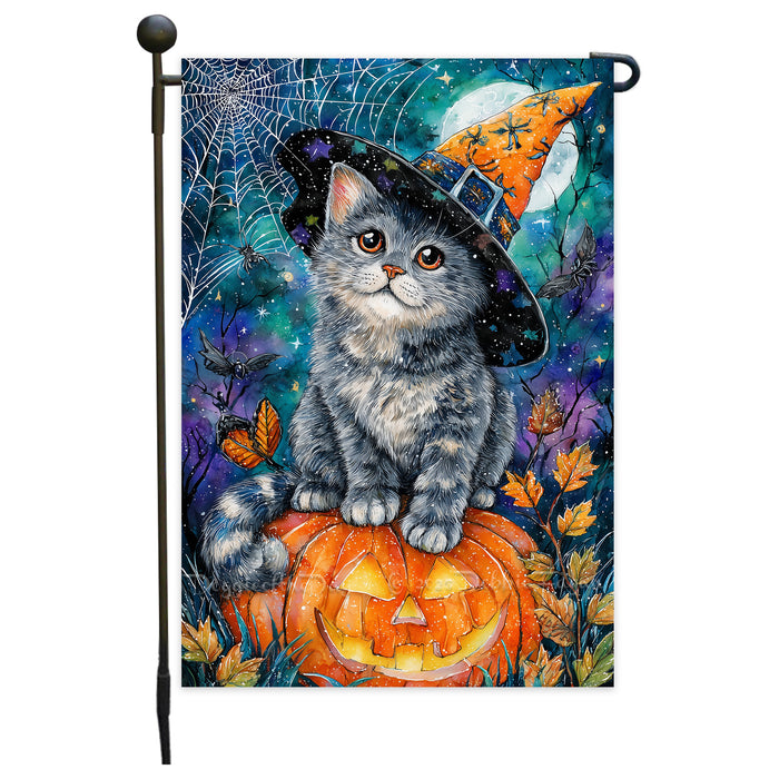 Russian Blue Cat Pumpkin Garden Flag Halloween Yard Banner Full Moon Spider Web Autumn Leaves Outdoor Decoration for Fall Porch Lawn Décor Single or Double Sided 12.5 x 18