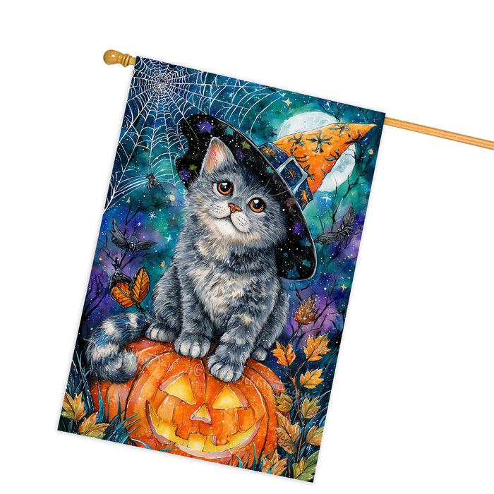 Russian Blue Cat Halloween House Flag with Pumpkin Full Moon Spider Web Harvest Night Autumn Leaves Outdoor Porch Lawn Patio Decoration Double Sided 28 x 40