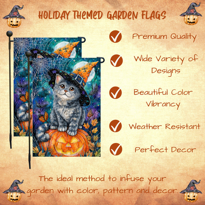 Russian Blue Cat Pumpkin Garden Flag Halloween Yard Banner Full Moon Spider Web Autumn Leaves Outdoor Decoration for Fall Porch Lawn Décor Single or Double Sided 12.5 x 18