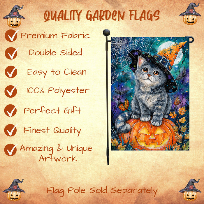 Russian Blue Cat Pumpkin Garden Flag Halloween Yard Banner Full Moon Spider Web Autumn Leaves Outdoor Decoration for Fall Porch Lawn Décor Single or Double Sided 12.5 x 18