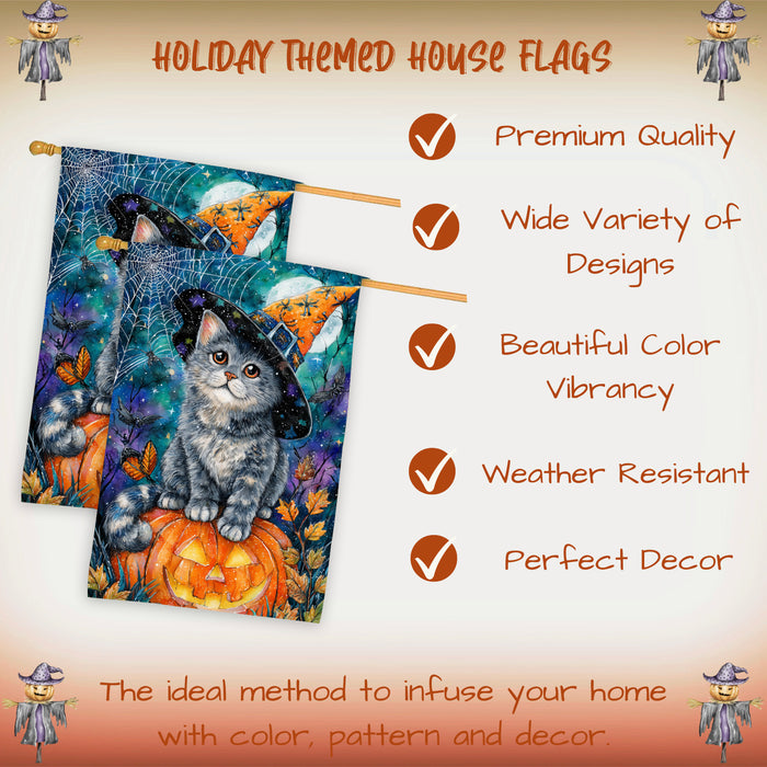 Russian Blue Cat Halloween House Flag with Pumpkin Full Moon Spider Web Harvest Night Autumn Leaves Outdoor Porch Lawn Patio Decoration Double Sided 28 x 40