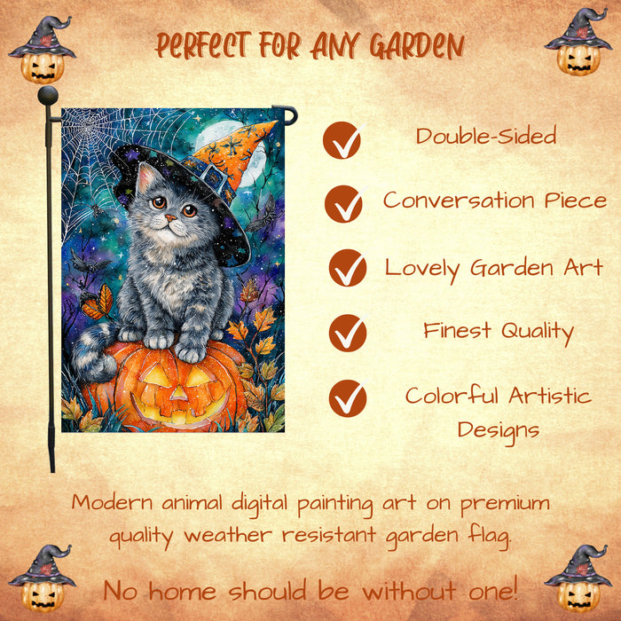 Russian Blue Cat Pumpkin Garden Flag Halloween Yard Banner Full Moon Spider Web Autumn Leaves Outdoor Decoration for Fall Porch Lawn Décor Single or Double Sided 12.5 x 18