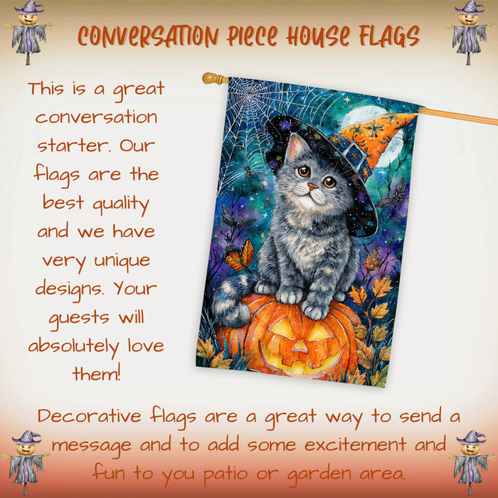 Russian Blue Cat Halloween House Flag with Pumpkin Full Moon Spider Web Harvest Night Autumn Leaves Outdoor Porch Lawn Patio Decoration Double Sided 28 x 40