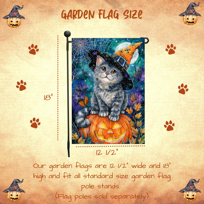 Russian Blue Cat Pumpkin Garden Flag Halloween Yard Banner Full Moon Spider Web Autumn Leaves Outdoor Decoration for Fall Porch Lawn Décor Single or Double Sided 12.5 x 18