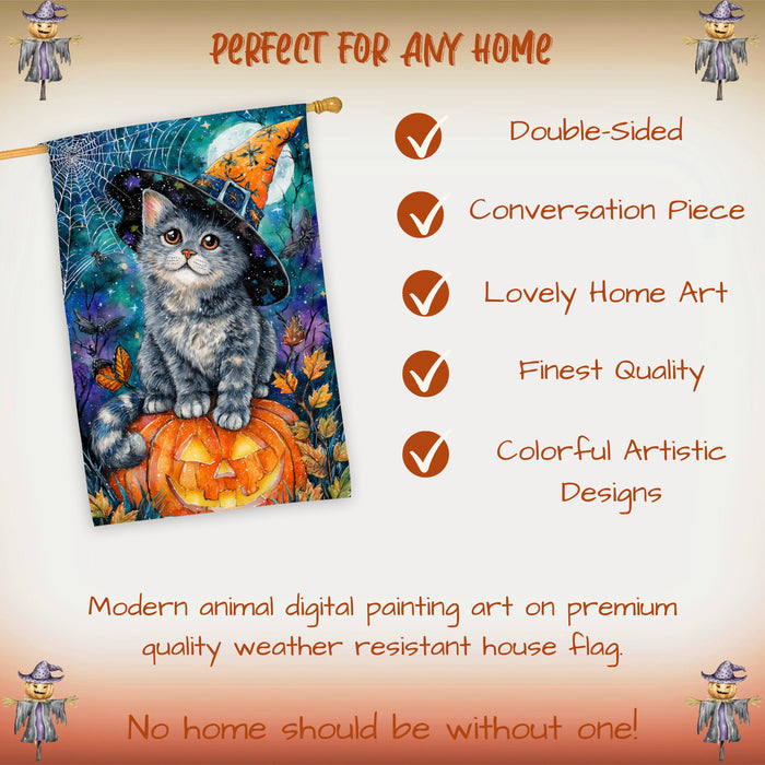 Russian Blue Cat Halloween House Flag with Pumpkin Full Moon Spider Web Harvest Night Autumn Leaves Outdoor Porch Lawn Patio Decoration Double Sided 28 x 40