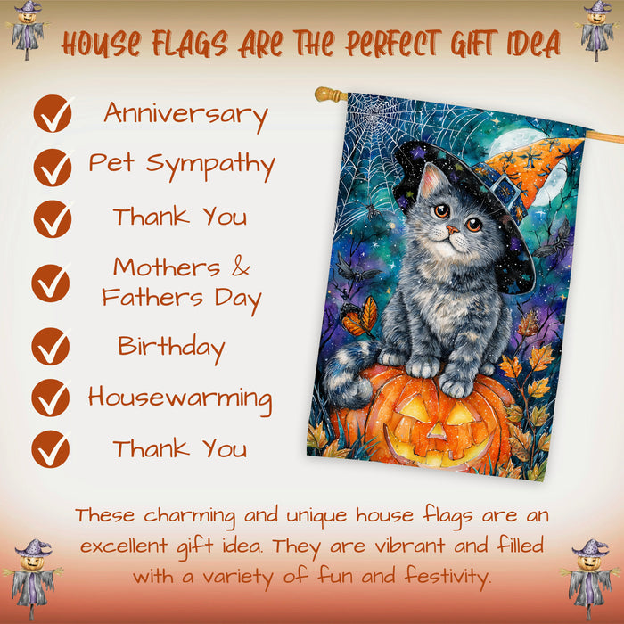 Russian Blue Cat Halloween House Flag with Pumpkin Full Moon Spider Web Harvest Night Autumn Leaves Outdoor Porch Lawn Patio Decoration Double Sided 28 x 40
