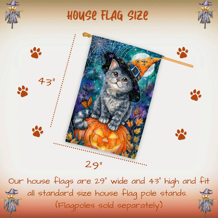 Russian Blue Cat Halloween House Flag with Pumpkin Full Moon Spider Web Harvest Night Autumn Leaves Outdoor Porch Lawn Patio Decoration Double Sided 28 x 40