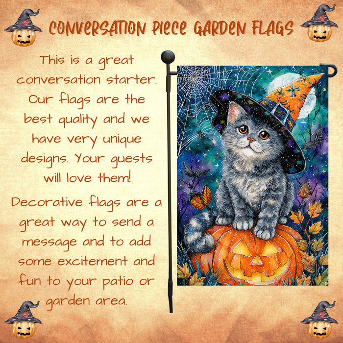 Russian Blue Cat Pumpkin Garden Flag Halloween Yard Banner Full Moon Spider Web Autumn Leaves Outdoor Decoration for Fall Porch Lawn Décor Single or Double Sided 12.5 x 18