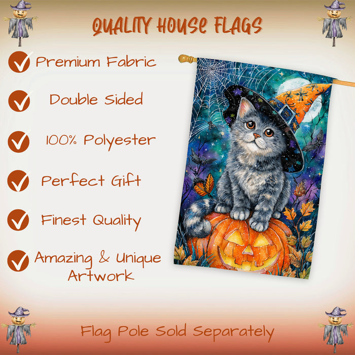Russian Blue Cat Halloween House Flag with Pumpkin Full Moon Spider Web Harvest Night Autumn Leaves Outdoor Porch Lawn Patio Decoration Double Sided 28 x 40