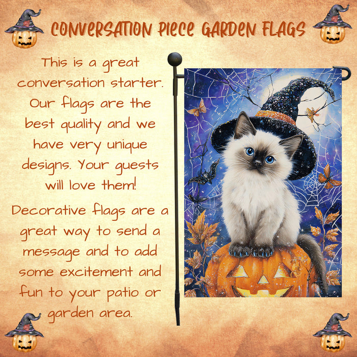 Siamese Cat Welcome Yard Flag for Halloween Farmhouse Holiday Outdoor Decoration Spooky Spider Web Garden Flag Small Seasonal Décor for Cat Lovers Yard Party Single Sided 12.5 x 18