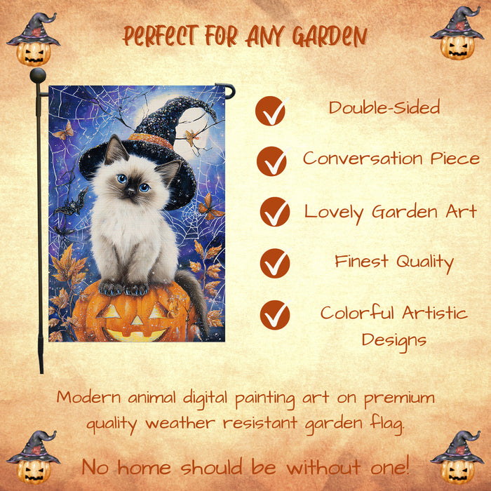Siamese Cat Welcome Yard Flag for Halloween Farmhouse Holiday Outdoor Decoration Spooky Spider Web Garden Flag Small Seasonal Décor for Cat Lovers Yard Party Single Sided 12.5 x 18