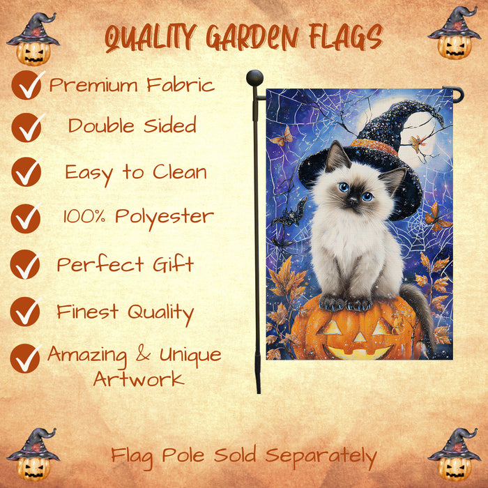 Siamese Cat Welcome Yard Flag for Halloween Farmhouse Holiday Outdoor Decoration Spooky Spider Web Garden Flag Small Seasonal Décor for Cat Lovers Yard Party Single Sided 12.5 x 18