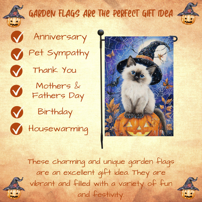Siamese Cat Welcome Yard Flag for Halloween Farmhouse Holiday Outdoor Decoration Spooky Spider Web Garden Flag Small Seasonal Décor for Cat Lovers Yard Party Single Sided 12.5 x 18