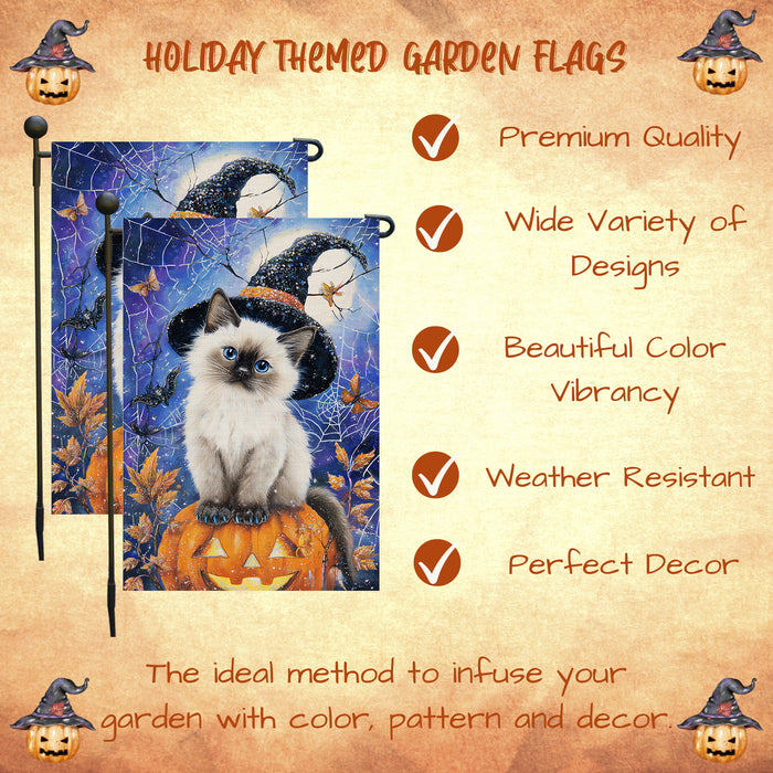 Siamese Cat Welcome Yard Flag for Halloween Farmhouse Holiday Outdoor Decoration Spooky Spider Web Garden Flag Small Seasonal Décor for Cat Lovers Yard Party Single Sided 12.5 x 18