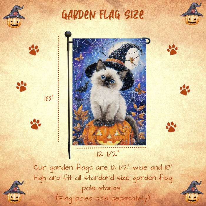Siamese Cat Welcome Yard Flag for Halloween Farmhouse Holiday Outdoor Decoration Spooky Spider Web Garden Flag Small Seasonal Décor for Cat Lovers Yard Party Single Sided 12.5 x 18