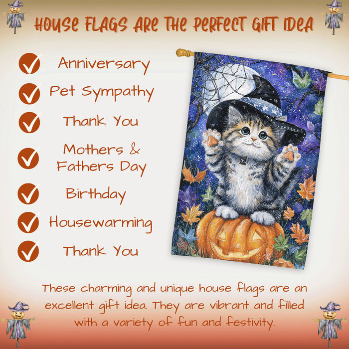 Halloween Siberian Cat Witch Hat House Flag with Pumpkin and Jack O Lantern Fall Harvest Porch Banner Autumn Outdoor Home Décor for Cat Lovers Double Sided 28 x 40