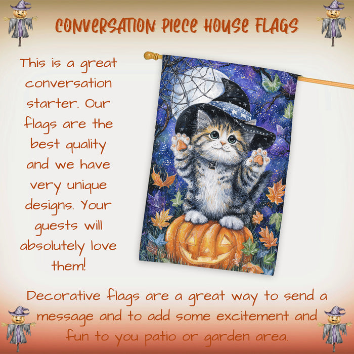 Halloween Siberian Cat Witch Hat House Flag with Pumpkin and Jack O Lantern Fall Harvest Porch Banner Autumn Outdoor Home Décor for Cat Lovers Double Sided 28 x 40