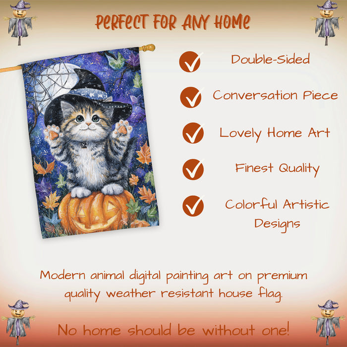 Halloween Siberian Cat Witch Hat House Flag with Pumpkin and Jack O Lantern Fall Harvest Porch Banner Autumn Outdoor Home Décor for Cat Lovers Double Sided 28 x 40