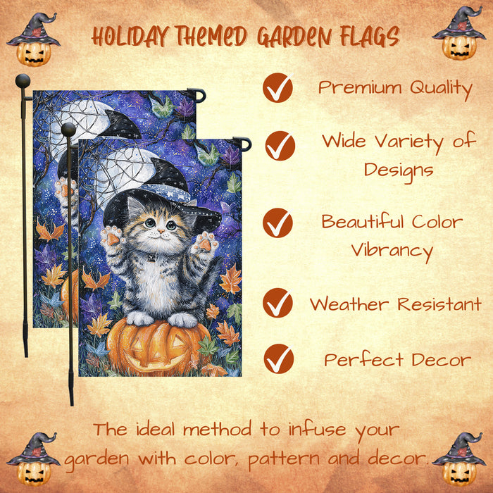 Halloween Siberian Cat Witch Hat Yard Flag with Jack O Lantern Pumpkin Fall Autumn Outdoor Holiday Garden Decoration for Cat Lovers Single or Double Sided 12.5 x 18
