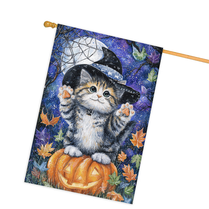 Halloween Siberian Cat Witch Hat House Flag with Pumpkin and Jack O Lantern Fall Harvest Porch Banner Autumn Outdoor Home Décor for Cat Lovers Double Sided 28 x 40