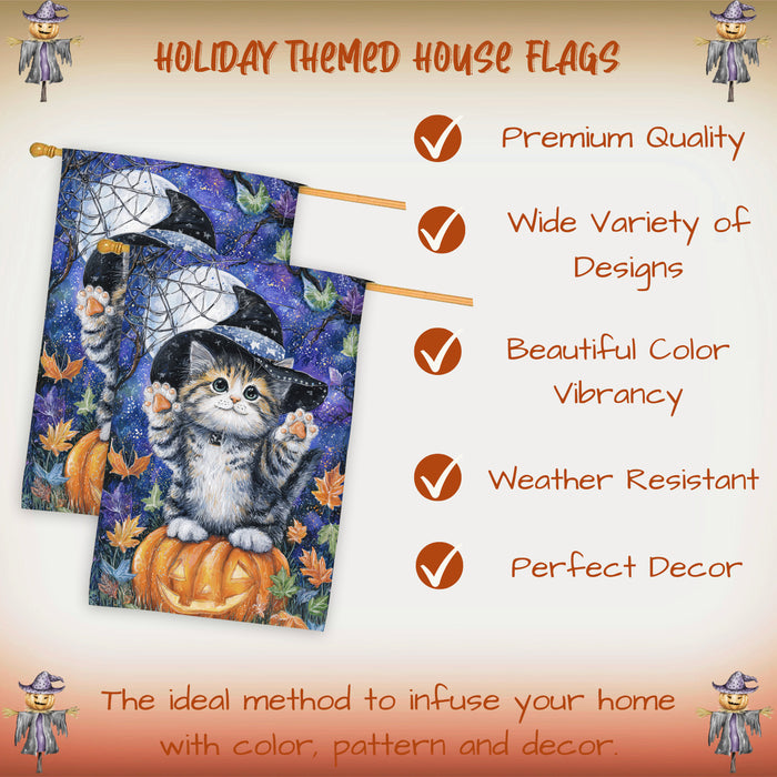 Halloween Siberian Cat Witch Hat House Flag with Pumpkin and Jack O Lantern Fall Harvest Porch Banner Autumn Outdoor Home Décor for Cat Lovers Double Sided 28 x 40