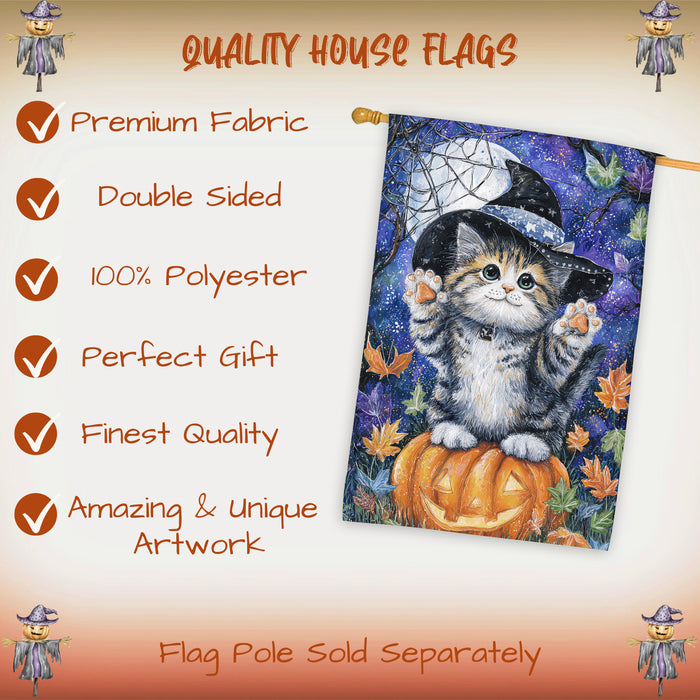 Halloween Siberian Cat Witch Hat House Flag with Pumpkin and Jack O Lantern Fall Harvest Porch Banner Autumn Outdoor Home Décor for Cat Lovers Double Sided 28 x 40