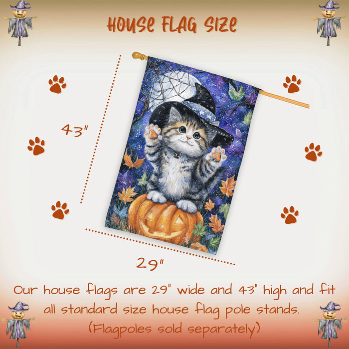 Halloween Siberian Cat Witch Hat House Flag with Pumpkin and Jack O Lantern Fall Harvest Porch Banner Autumn Outdoor Home Décor for Cat Lovers Double Sided 28 x 40