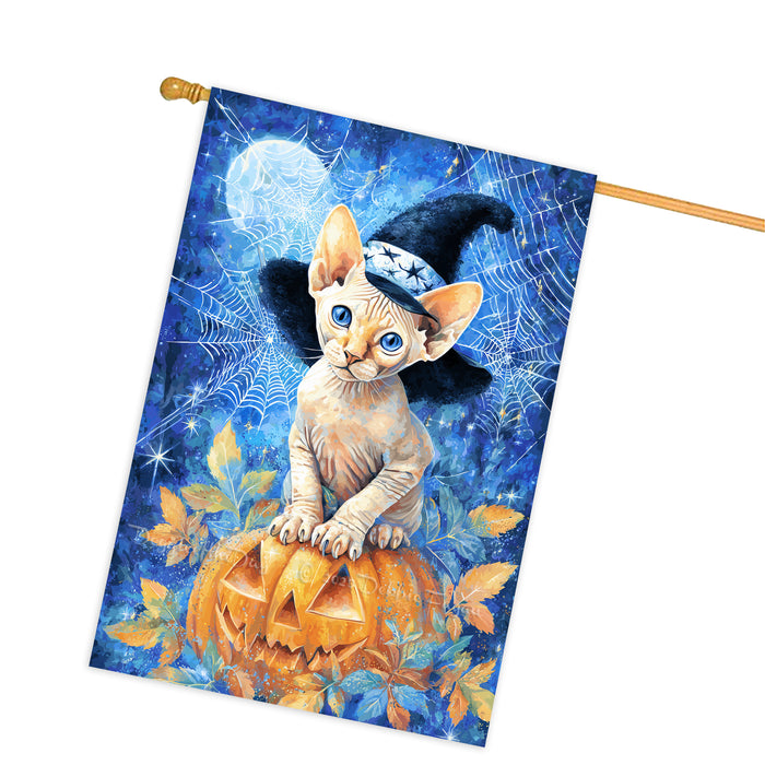 Sphynx Cat Halloween House Flag with Pumpkin and Witch Hat Fall Harvest Porch Banner Autumn Farmhouse Outdoor Home Decoration for Cat Lovers Double Sided 28 x 40