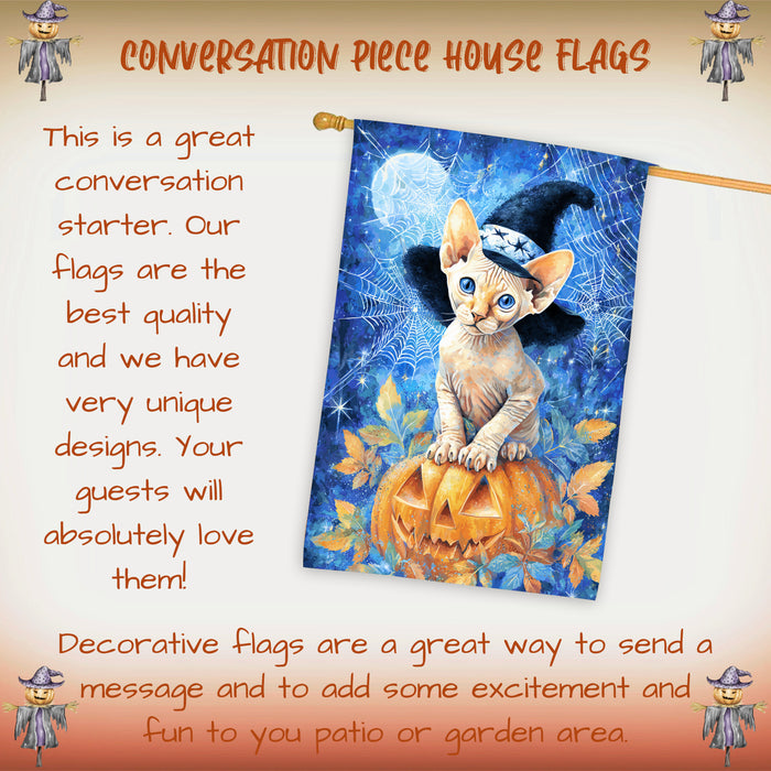 Sphynx Cat Halloween House Flag with Pumpkin and Witch Hat Fall Harvest Porch Banner Autumn Farmhouse Outdoor Home Decoration for Cat Lovers Double Sided 28 x 40