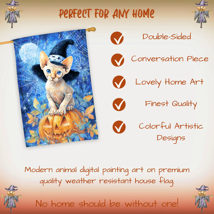 Sphynx Cat Halloween House Flag with Pumpkin and Witch Hat Fall Harvest Porch Banner Autumn Farmhouse Outdoor Home Decoration for Cat Lovers Double Sided 28 x 40