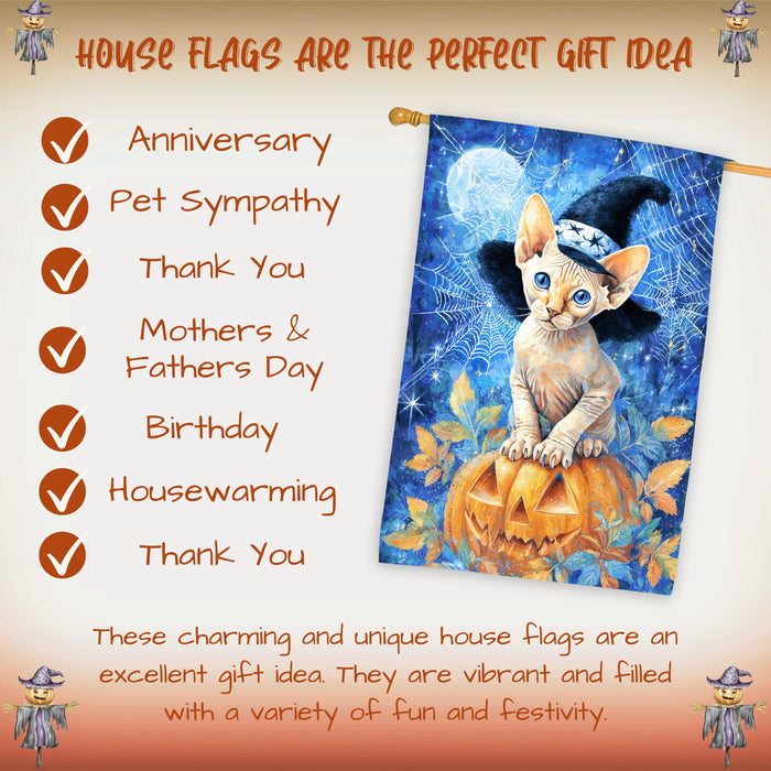 Sphynx Cat Halloween House Flag with Pumpkin and Witch Hat Fall Harvest Porch Banner Autumn Farmhouse Outdoor Home Decoration for Cat Lovers Double Sided 28 x 40