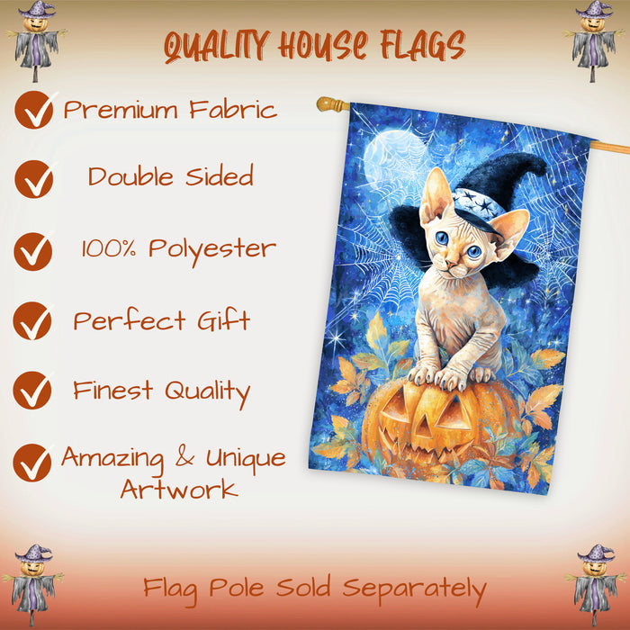 Sphynx Cat Halloween House Flag with Pumpkin and Witch Hat Fall Harvest Porch Banner Autumn Farmhouse Outdoor Home Decoration for Cat Lovers Double Sided 28 x 40