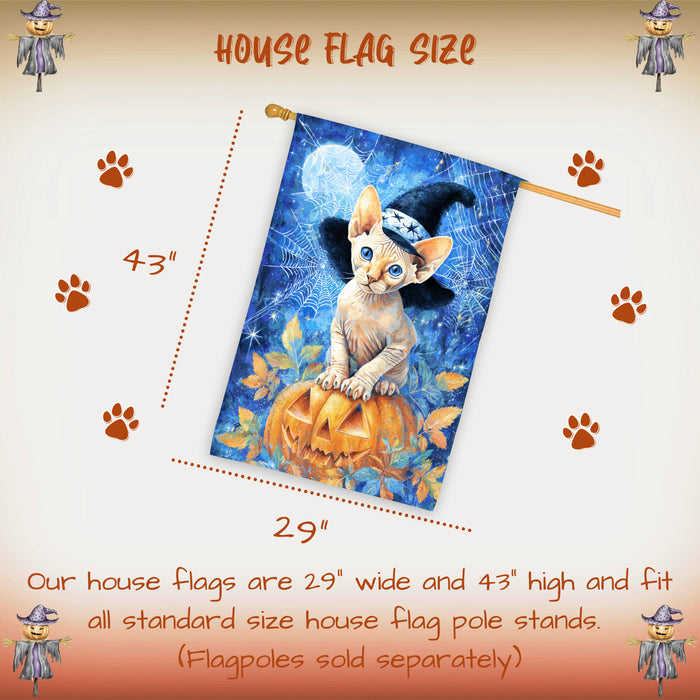 Sphynx Cat Halloween House Flag with Pumpkin and Witch Hat Fall Harvest Porch Banner Autumn Farmhouse Outdoor Home Decoration for Cat Lovers Double Sided 28 x 40