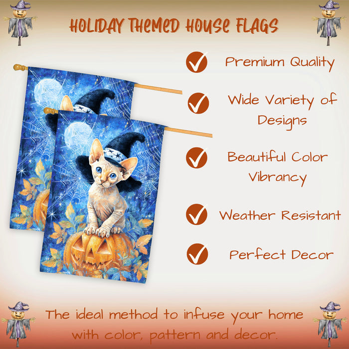 Sphynx Cat Halloween House Flag with Pumpkin and Witch Hat Fall Harvest Porch Banner Autumn Farmhouse Outdoor Home Decoration for Cat Lovers Double Sided 28 x 40
