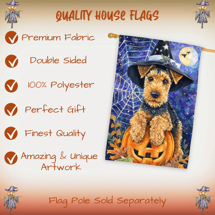 Airedale Terrier Fall Halloween House Flag with Pumpkins and Cobwebs Harvest Porch Banner Autumn Thanksgiving Farmhouse Outdoor Home Decoration for Dog Lovers Double Sided 28 x 40