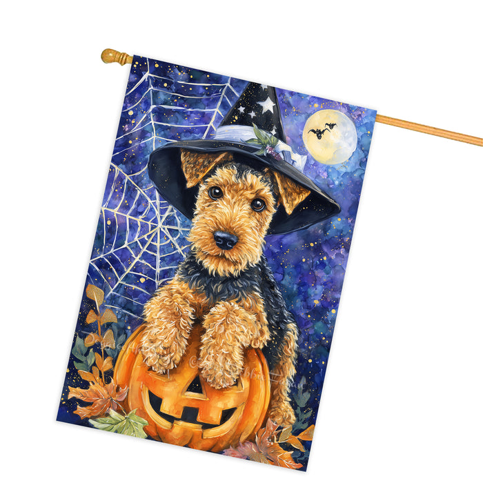 Airedale Terrier Fall Halloween House Flag with Pumpkins and Cobwebs Harvest Porch Banner Autumn Thanksgiving Farmhouse Outdoor Home Decoration for Dog Lovers Double Sided 28 x 40