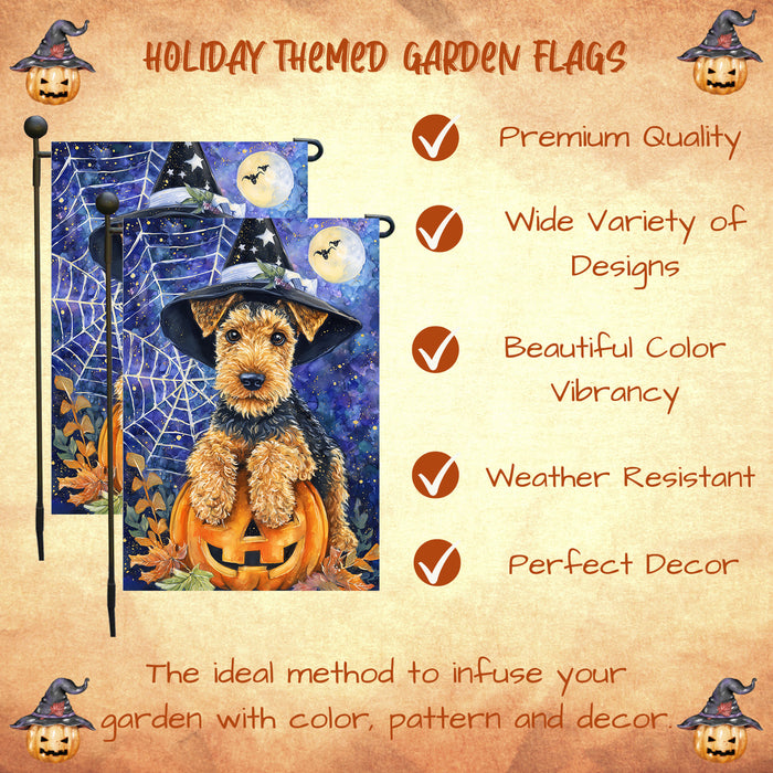 Airedale Terrier Holiday Dog Welcome Yard Flag for Autumn Thanksgiving Halloween Farmhouse Outdoor Garden Decoration Seasonal Pet Lovers Banner Single or Double Sided 12.5 x 18