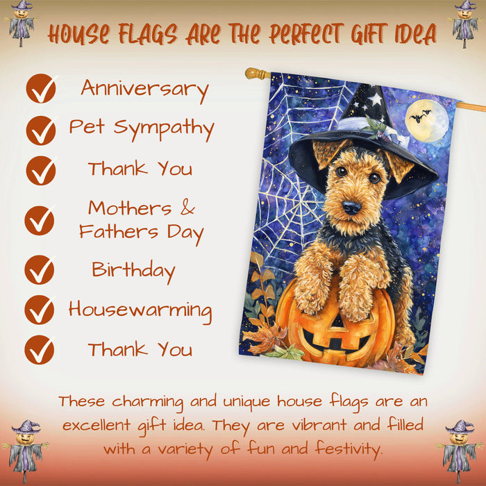 Airedale Terrier Fall Halloween House Flag with Pumpkins and Cobwebs Harvest Porch Banner Autumn Thanksgiving Farmhouse Outdoor Home Decoration for Dog Lovers Double Sided 28 x 40