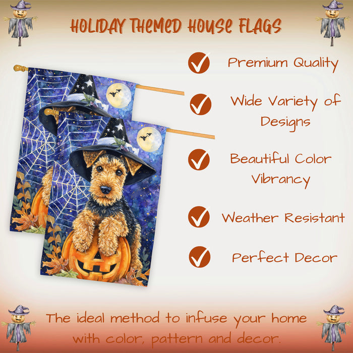 Airedale Terrier Fall Halloween House Flag with Pumpkins and Cobwebs Harvest Porch Banner Autumn Thanksgiving Farmhouse Outdoor Home Decoration for Dog Lovers Double Sided 28 x 40