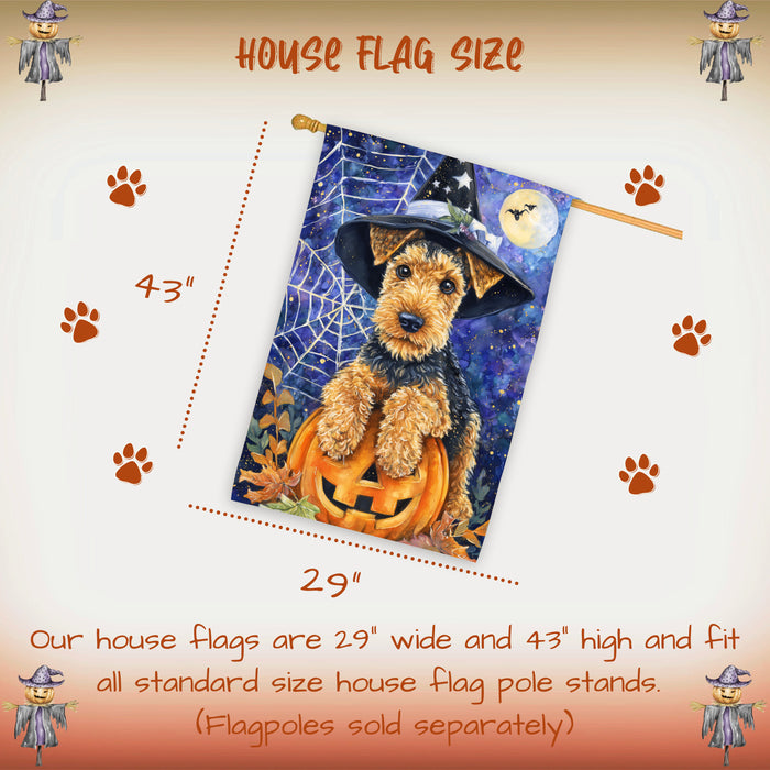 Airedale Terrier Fall Halloween House Flag with Pumpkins and Cobwebs Harvest Porch Banner Autumn Thanksgiving Farmhouse Outdoor Home Decoration for Dog Lovers Double Sided 28 x 40