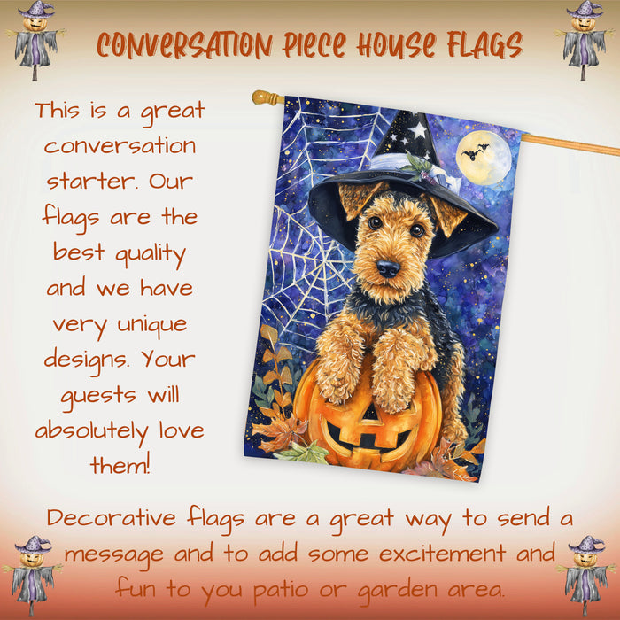 Airedale Terrier Fall Halloween House Flag with Pumpkins and Cobwebs Harvest Porch Banner Autumn Thanksgiving Farmhouse Outdoor Home Decoration for Dog Lovers Double Sided 28 x 40