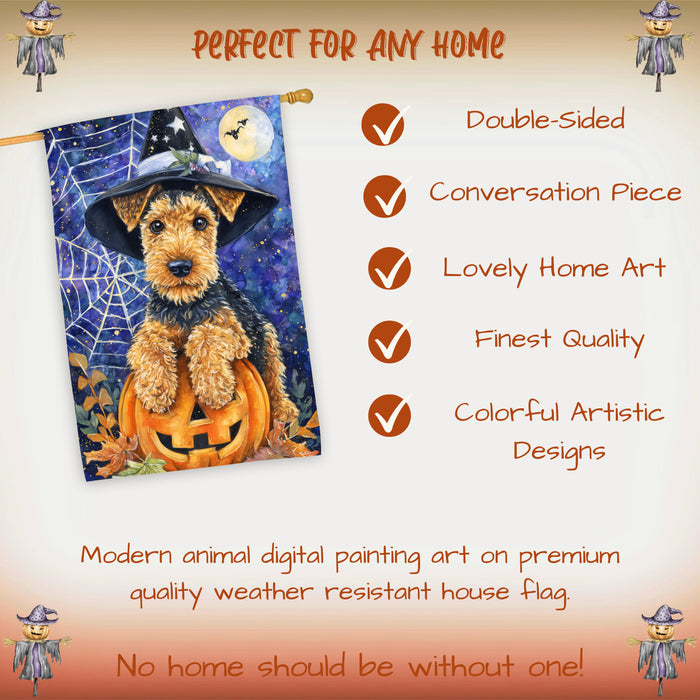 Airedale Terrier Fall Halloween House Flag with Pumpkins and Cobwebs Harvest Porch Banner Autumn Thanksgiving Farmhouse Outdoor Home Decoration for Dog Lovers Double Sided 28 x 40