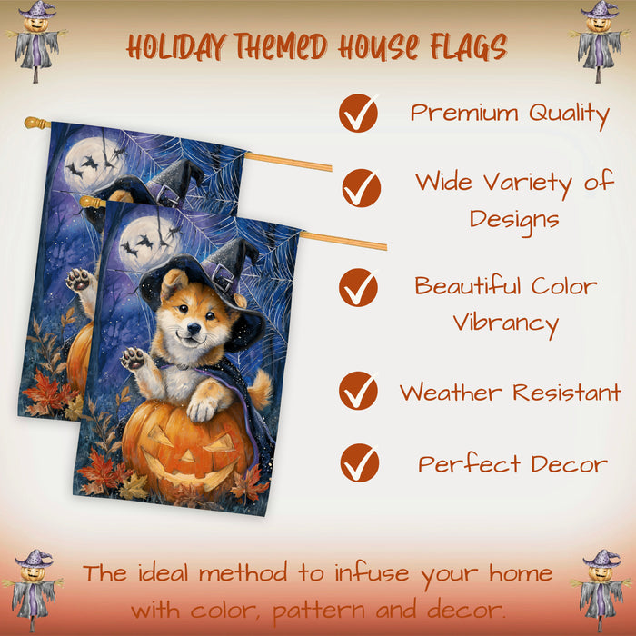 Akita Dog Halloween House Flag with Pumpkin and Spider Web Fall Harvest Porch Banner Autumn Farmhouse Outdoor Home Decoration for Dog Lovers Double Sided 28 x 40
